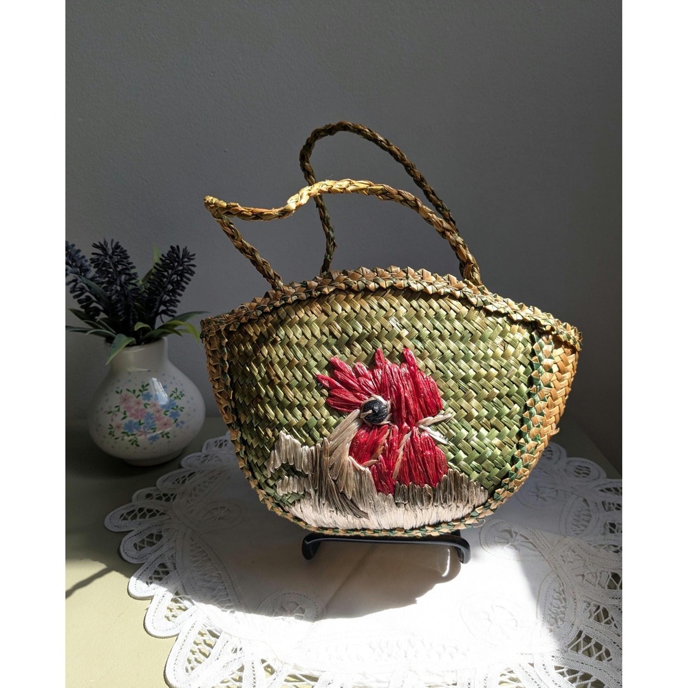 Vintage Woven Straw Chicken Basket Purse, Rooster Handwoven Market Bag‎